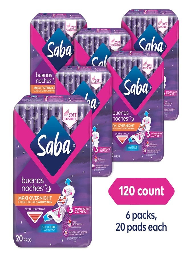 Saba Kombucha Saba Buenas Noches Overnight Maxi Pads with Wings, Built for Absorption Distribution and Protection, 60 Pads 120 Count (6 Packs of 20) - Image 2